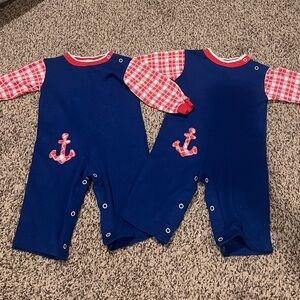 Vintage Healthtex Blue and Red Anchor Kids Outfit Twins Set of 2